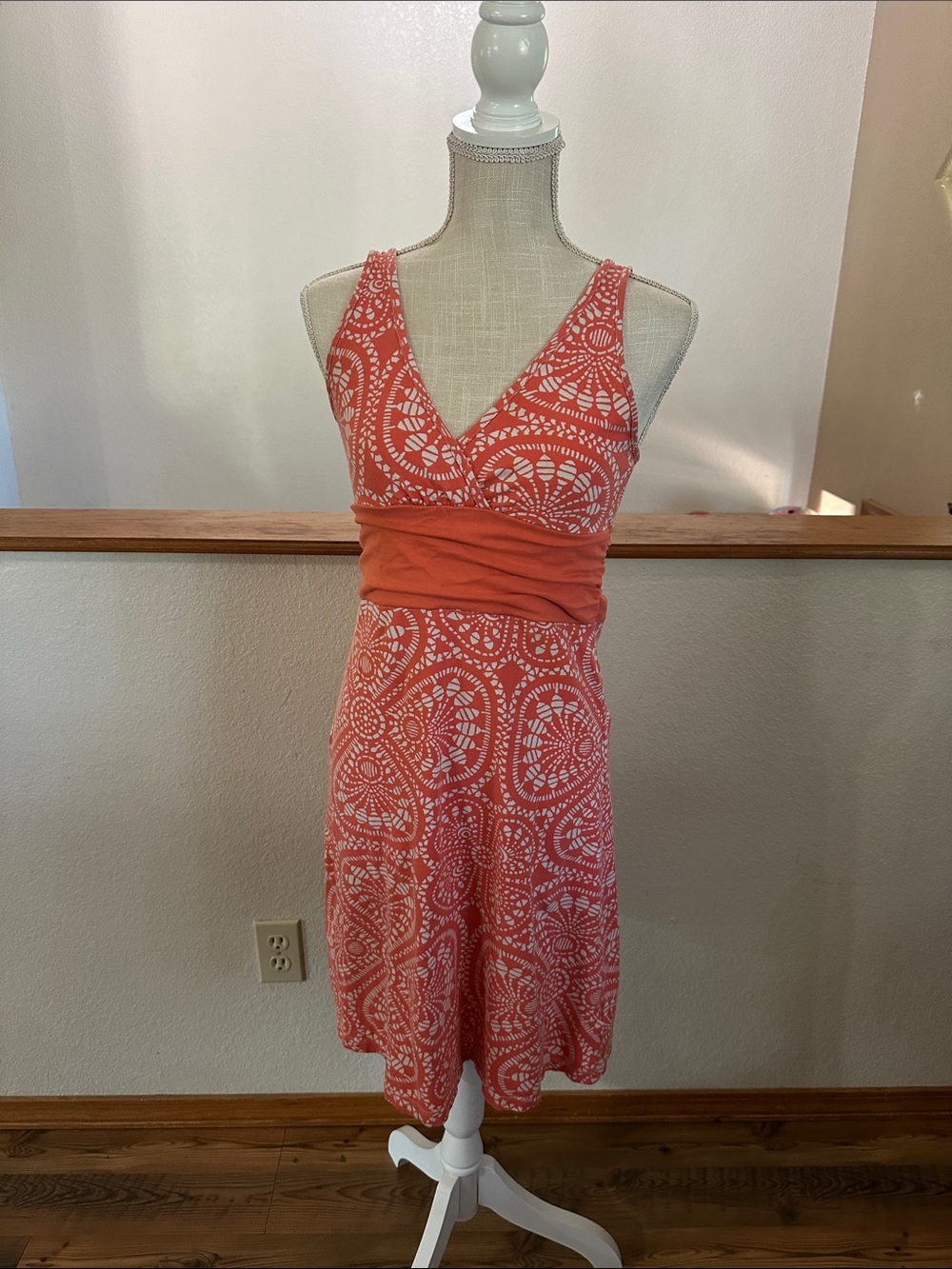 Patagonia Coral and White Printed V-Neck Dress